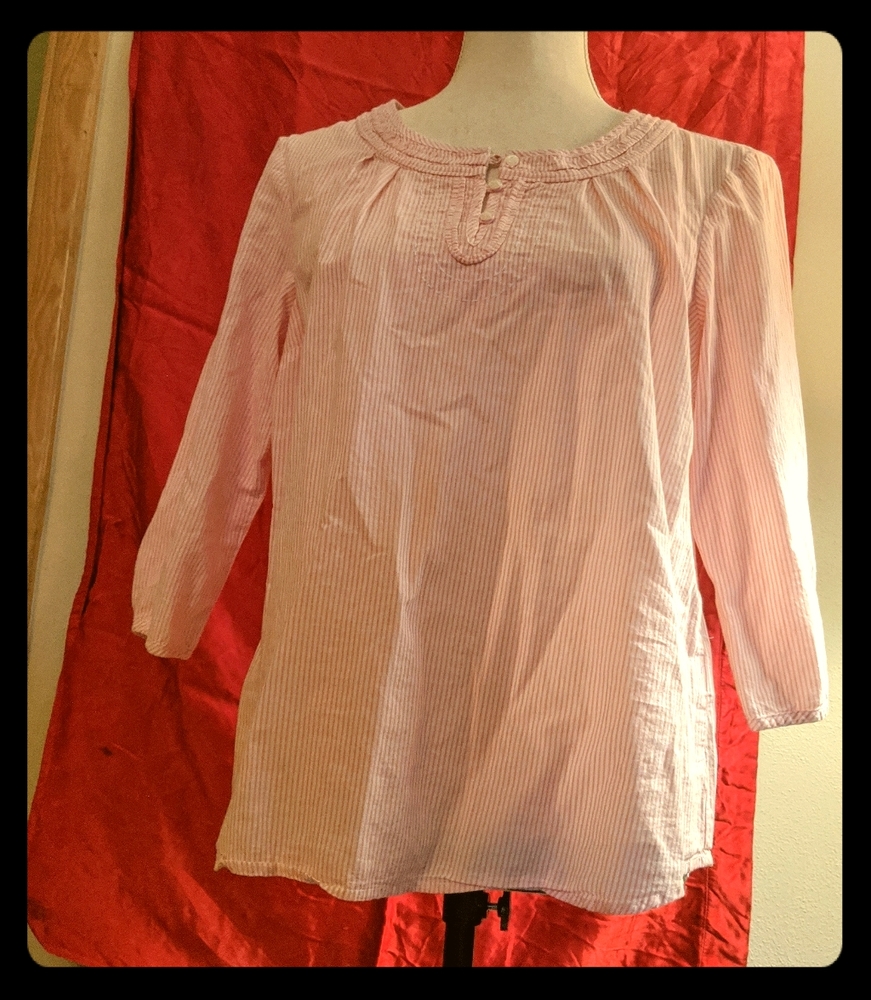 🌷LL Bean seersucker pink & white 3/4 sleeve top L